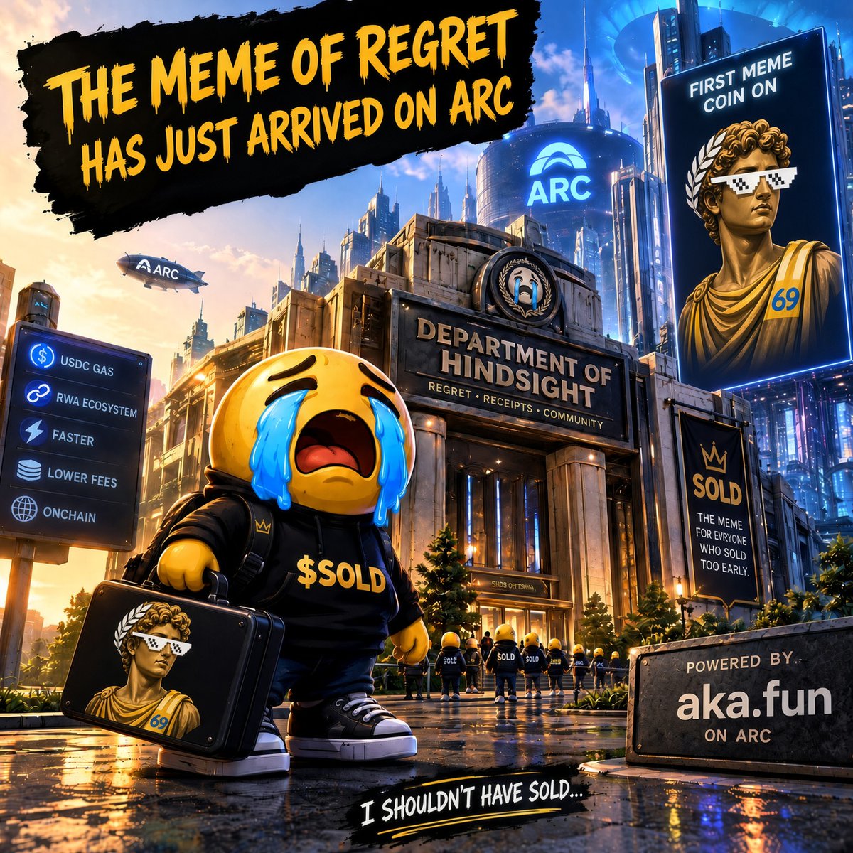 ISoldTooSoon's tweet photo. THE MEME OF REGRET IS TAKING OVER @Arc. 🏛️⚡️

The Department of Hindsight is live on @akadotfun.
We created this for everyone who paper-handed their ticket to the moon. 😭📉

Don't regret missing this one too. Join the movement:

➡️ Follow for updates

➡️ Join our TG: https://t.co/q5YSRddnHc

🔔 Turn notifications ON.

History is about to repeat itself.

#iShouldntHaveSold $SOLD