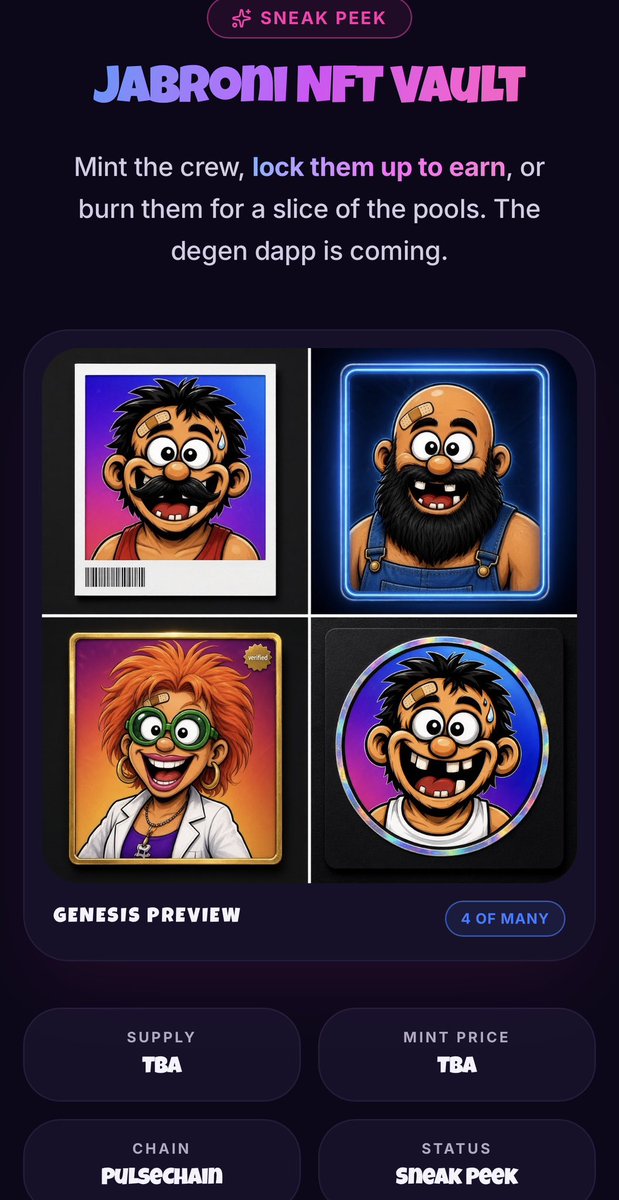 JabroniPulse's tweet photo. UPDATE 😈
We have been working diligently since we bonded from $pump tires on our next development: 
Sneak peak of the $JABRONI on #Pulsechain NFT collection!  
Rarities will be ULTRA, LEGENDARY, RARE, COMMON. 
🚨Anyone holding 1% or more of $JABRONI will be guaranteed an ULTRA NFT. 

Holders will be able to lock their NFT in the Vault to earn $JABRONI. The longer you lock, and the higher the rarity, the more rewards 

Holders will also be able to burn their NFT to earn a position in future $JABRONI liquidity pools. Higher the rarity, the bigger percentage you will receive! 
Pools will be $PLS $HEX $PRVX and a group of qualified PulseChain memes! 

See the sneak peak here
https://t.co/LGzVlrJuXr