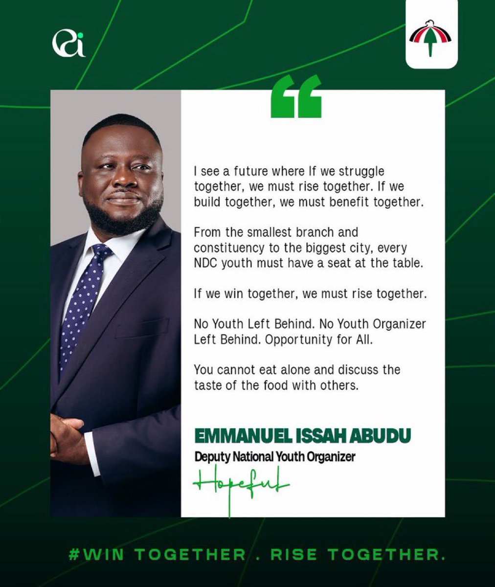 TG_DERY's tweet photo. The future is bright with Emmanuel Issah Abudu as the Deputy National Youth Organizer โค๏ธ๐ฐ๐ผ๐
Together, we can build. Together, we can rise. โ๐พ๐ฌ๐ญ
#Issah4DNYO #NoYouthNoPower #BuiltToServeReadyToLead https://t.co/4vcXoVIvdL