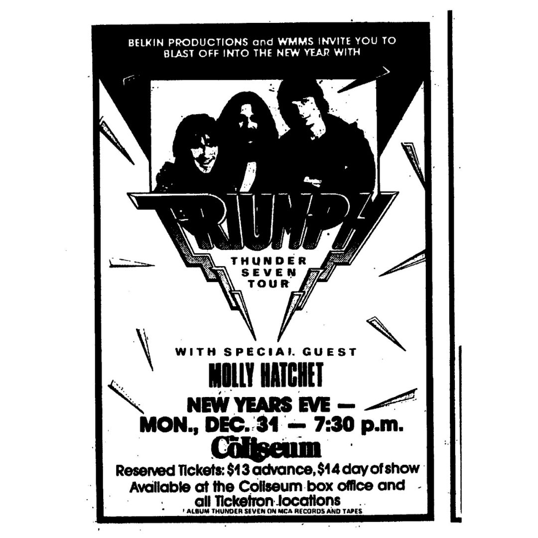 TriumphTheBand's tweet photo. “I was fortunate enough to see Triumph for the second time on December 31, 1984 during the Thunder Seven Tour. The show was great, however the local radio station that sponsored the show had a party planned for after the show, and Triumph finished before midnight, leaving…” https://t.co/kEfjvBJ9ar