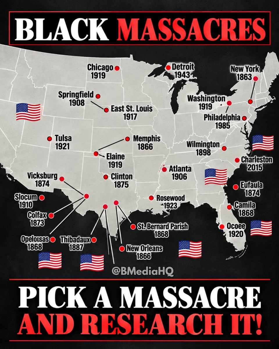 BmediaHQ's tweet photo. Tulsa was not the only anti-Black massacre in American history. From New Orleans and Colfax to Wilmington, Elaine, Rosewood, Ocoee, and many others, racial violence devastated Black communities across the United States, destroying lives, homes, businesses, and generations of progress. While this map is not exhaustive, it serves as a reminder that these events were part of a broader history that deserves to be remembered, studied, and discussed rather than forgotten.