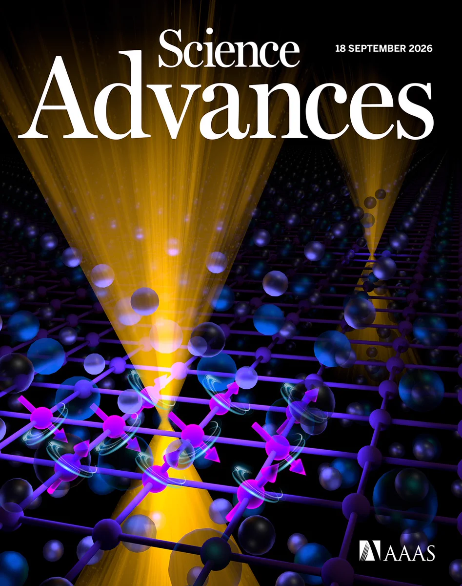 Spheres represent the positions of atoms of strontium (violet), antimony (blue), and manganese (purple) in the crystal structure of a semimetal Sr1-y Mn1-z Sb2. The two gold cones touch at the Dirac point and represent the energy and momentum states of conducting electrons. Arrows represent the alignment of magnetic moments. The semimetal represents a class of quantum materials that can be used to create energy-saving electronics. This week’s special issue highlights similar advances in applications driven primarily by the magnetic moment spin exerts on elementary particles.

Image courtesy of Oak Ridge National Laboratory