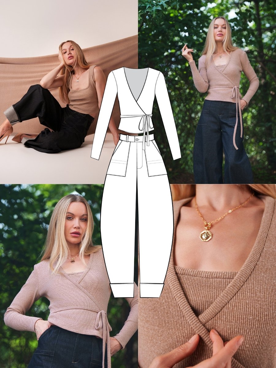 Grid collage and technical line art showing model in beige wrap top Carmel Twin Set paired with dark denim Obsidian Barrel-Leg Jeans. Free Sewing Pattern PDF from Mood Fabrics Sewciety Blog.