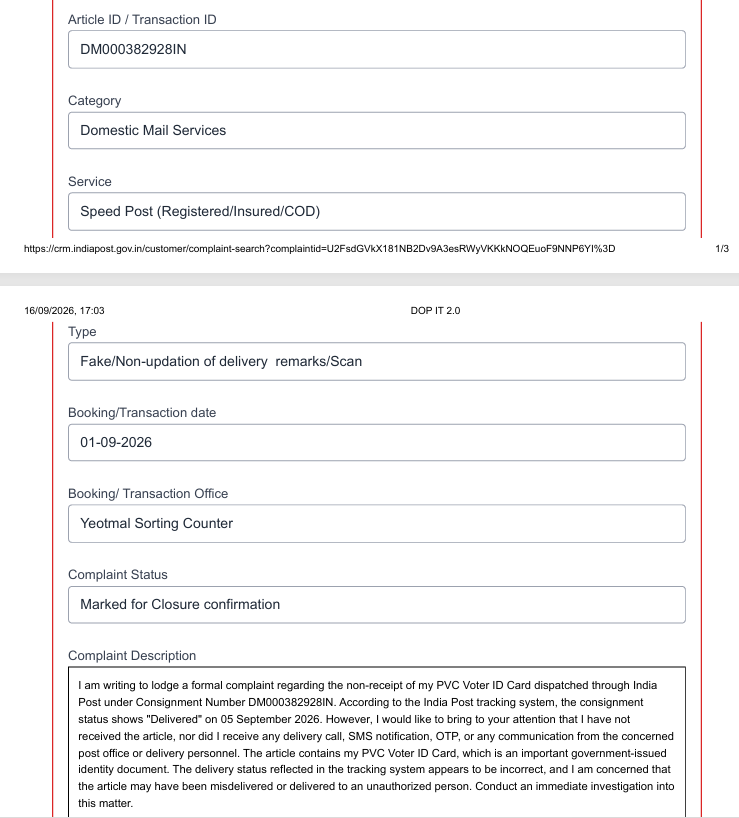 BeingSamirShekh's tweet photo. @IndiaPostOffice  @PMOIndia  @DoPTGoI  @ECISVEEP 
ID Card is showing as delvred on 05.9.26 bt I hv not received it.
Complaint raised, but no resolution has been received. Requesting urgent investigation and proof of delivery.
#IndiaPost #VoterID #EPIC #Grievance #CitizenRights https://t.co/ZcbI3e812n
