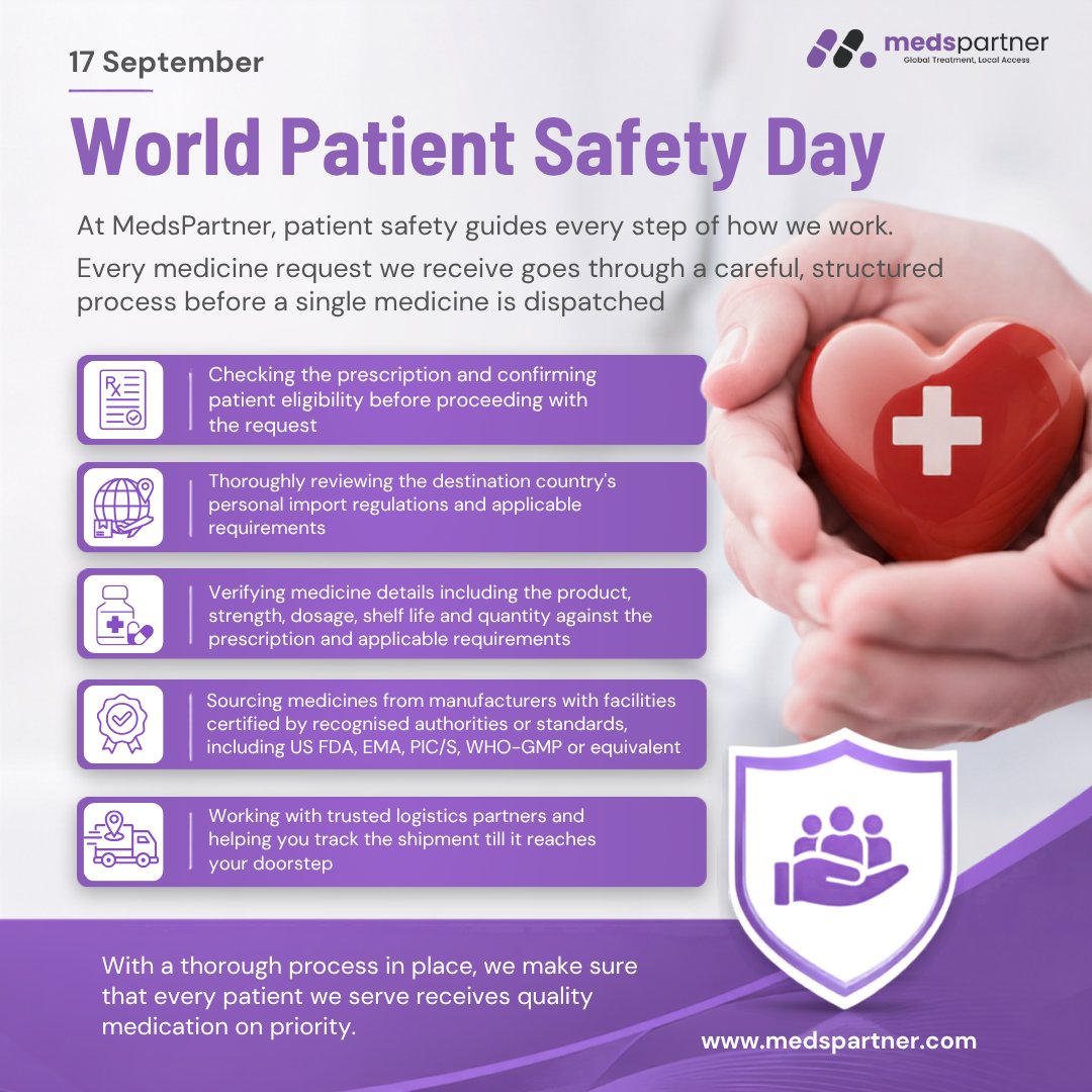 medspartner's tweet photo. Patient safety starts long before a medicine reaches the patient.

This World Patient Safety Day, we reaffirm our commitment to safe, reliable access to medicines for every patient.
#WorldPatientSafetyDay #PatientSafety #MedsPartner #MedicineAccess #PatientCare https://t.co/JHFdtMBtWa