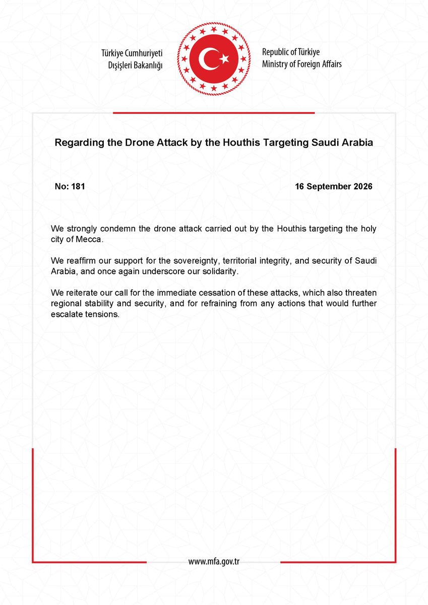 MFATurkiye's tweet photo. Regarding the Drone Attack by the Houthis Targeting Saudi Arabia https://t.co/kffS3gu8jE https://t.co/9G73H01gt7