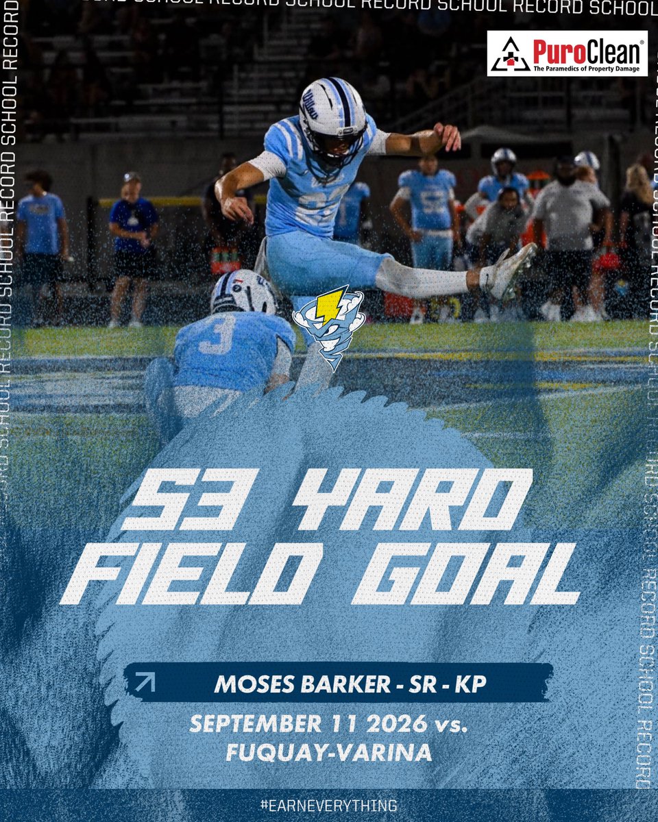WS_Storm_FB's tweet photo. ICYMI: Senior K Moses Barker broke his own school record with a 53 yard FG against Fuquay-Varina. 

#EARNEVERYTHING https://t.co/ubPUQMYl6r