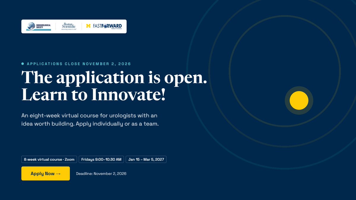 FUTURE_EndoSoc's tweet photo. You've had the idea. @Endo_Society  Technology Innovation Program is where you build it.

8-week virtual course · Fridays 9–10:30 AM ET · Jan 15–Mar 5, 2027 

Apply individually or as a team by Nov 2, 2026: https://t.co/YWKkm3PBmm

@peepeeDoctor @bsc_urology