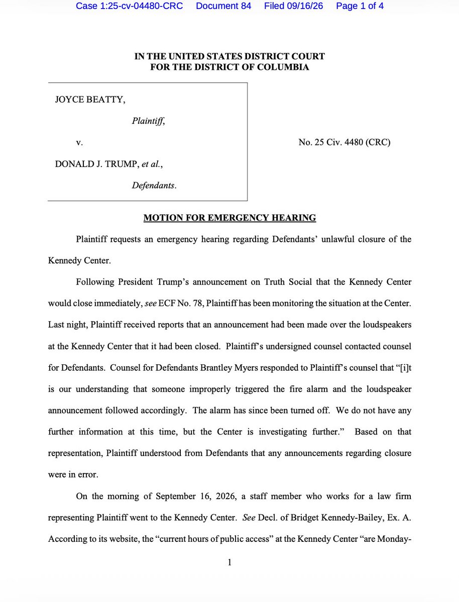 NormEisen's tweet photo. BREAKING: @RepBeatty filed for an emergency hearing after Trump's handpicked board shut the Kennedy Center in brazen defiance of a fed. court order

A judge said no, they did it anyway &amp; think they'll get away with it? Not happening

@DDAction_ &amp; WLG fight on w/@RepBeatty👇 -TN https://t.co/BYxm3SyNRV