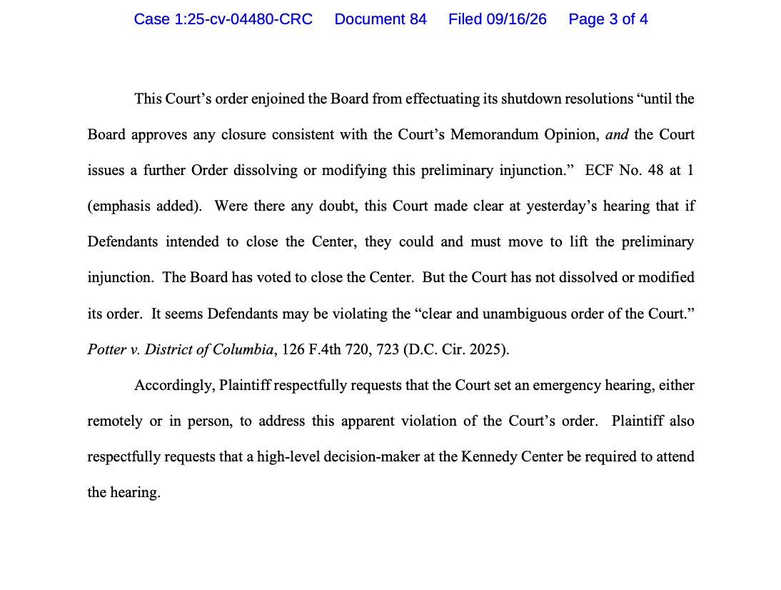NormEisen's tweet photo. BREAKING: @RepBeatty filed for an emergency hearing after Trump's handpicked board shut the Kennedy Center in brazen defiance of a fed. court order

A judge said no, they did it anyway &amp; think they'll get away with it? Not happening

@DDAction_ &amp; WLG fight on w/@RepBeatty👇 -TN https://t.co/BYxm3SyNRV