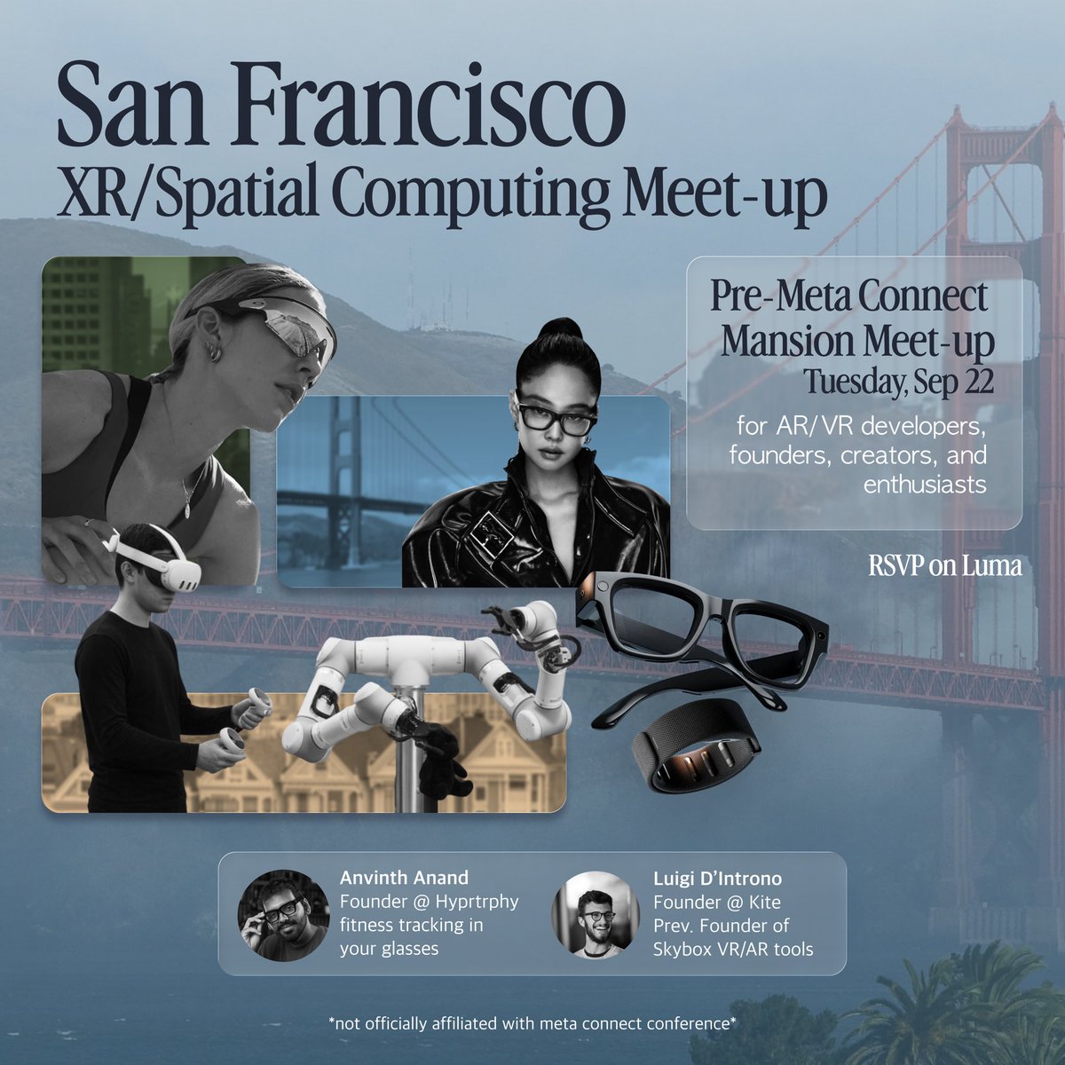 simonleon_xr's tweet photo. San Francisco XR/Spatial Computing Meet-up prior to @Meta Connect.

With so much news in immersive tech (Steam Frame, Astra for VR dev, Specs launch, and new Meta devices being announced) there’s much to discuss!

For XR developers, creators, founders, and enthusiasts. https://t.co/Vnlg4y7oRf