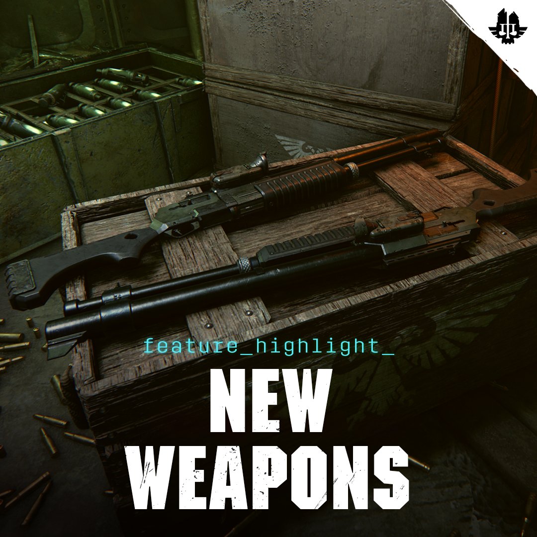 Darktide40K's tweet photo. The free update Depths of the Damned is bringing new weapons to Darktide! Click the link in the comments to find out more about the weapons, how they play and more! https://t.co/ZzClr7TyxK