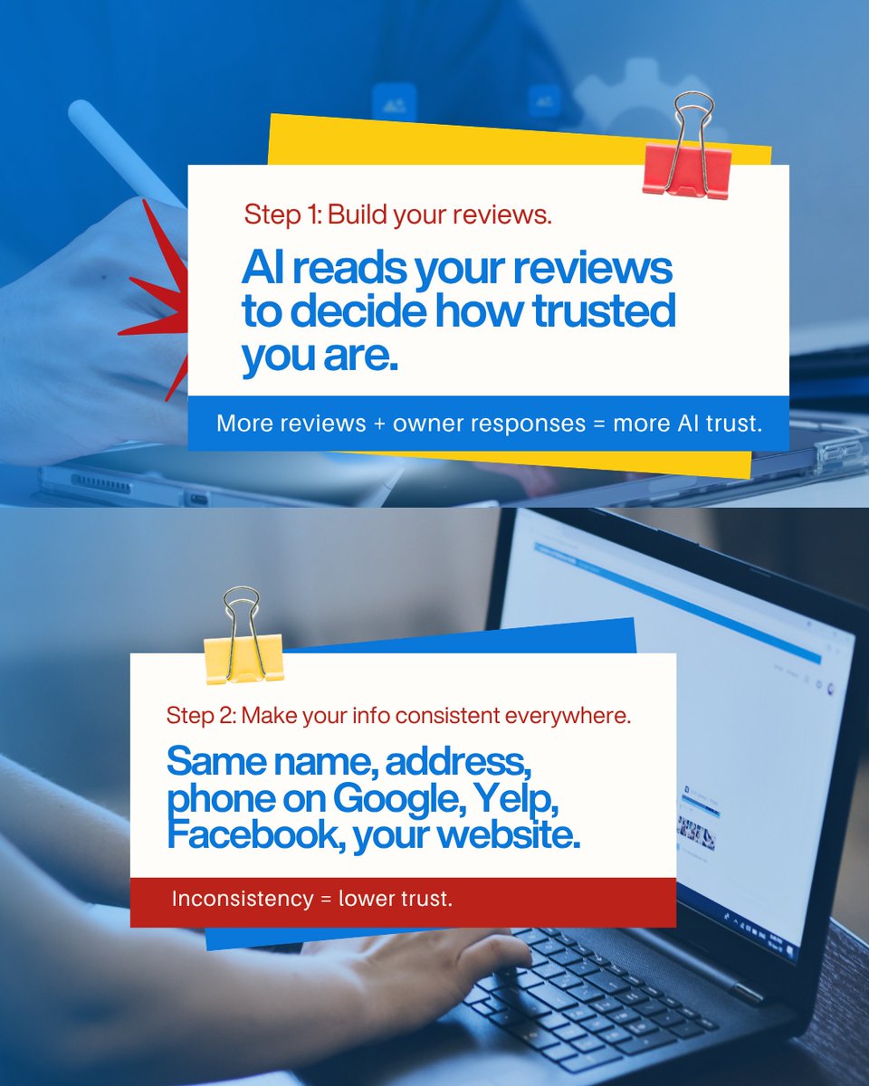 NearMe77095's tweet photo. 4 steps to get your home service business showing up in AI search. 🤖 Reviews. Consistent info. Website content. Active GBP.All four working together = AI recommends you.

We build this for home service businesses. 

Visit us at https://t.co/ee0DFZE4gR 👊

#AISearch #AEO #LocalSEO #HomeServiceMarketing #ChatGPT