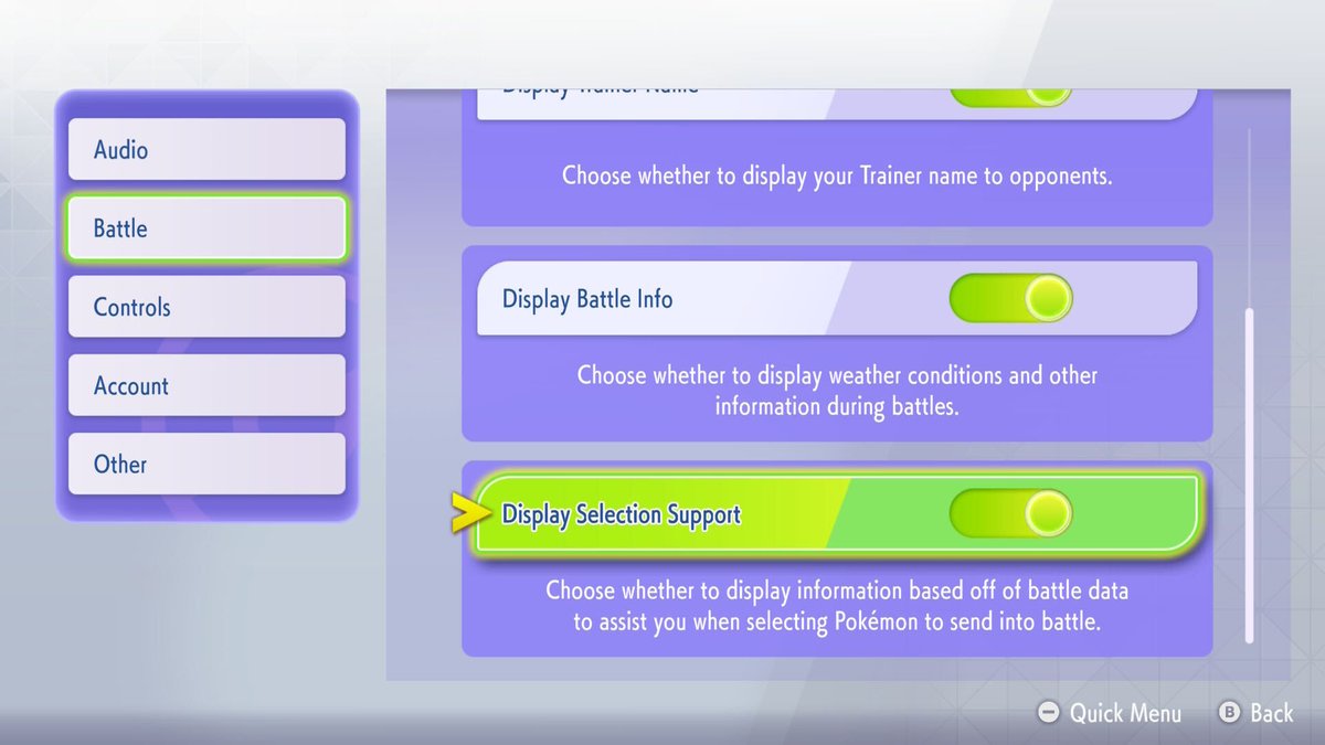 Pokemon_Champs's tweet photo. You can find this option under the Battle tab in the Settings menu and toggle it on or off depending on your preference. https://t.co/WzPgbOu0W0