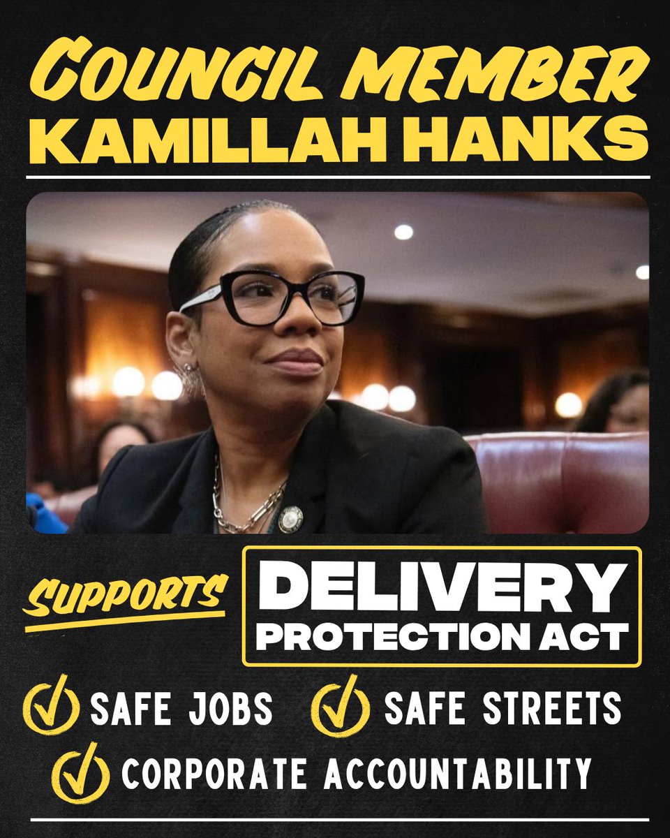 ALIGNny's tweet photo. 🙌Thank you @KamillahMHanks for co-sponsoring the Delivery Protection Act! Let's pass this legislation and prioritize safe streets and fair treatment for workers powering our city's economy. https://t.co/lHgV1rJK0a