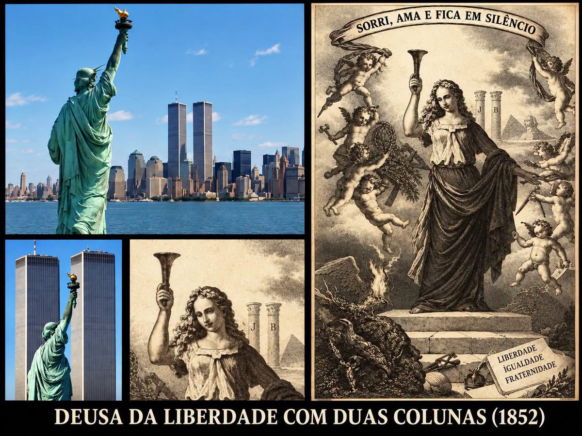 ASantaCatolica's tweet photo. Em 1852, os maçons franceses elaboraram os planos para as Torres Gémeas e para a Estátua da Liberdade, que mais tarde viriam a erguer-se em Nova Iorque.
Veja o esboço de 1852 abaixo e verá a Deusa da Liberdade com as duas colunas gémeas de Jachin e Boaz ao longe.
-33 anos depois de concluído esse esboço maçónico, em 1885, a Estátua da Liberdade chega a Nova Iorque.
Em 1968, começa a construção das torres gémeas — 33 anos após a sua construção são destruídas, como parte de um ritual simbólico em memória da destruição do Templo do Rei Salomão.
A faixa diz:
Sorria. Ame. Fique em silêncio e guarde os mistérios para si.
Créditos Isabel Ribeiro
https://t.co/4JZ62yZ9ys