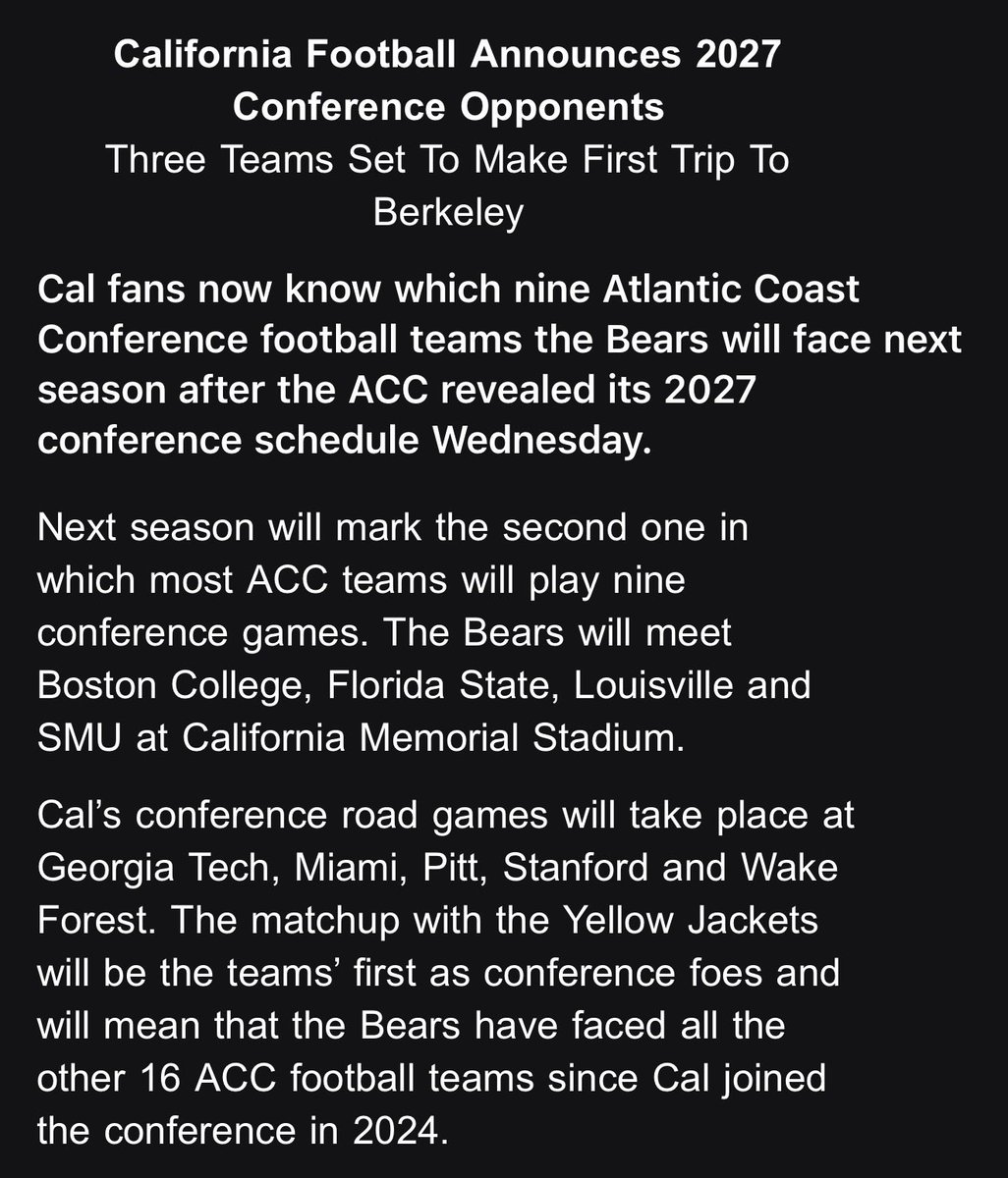 rob11hwang's tweet photo. Cal football drops its opponent matchups for the 2027 season. 

9 game conference season now. https://t.co/4M2AwRFoDJ