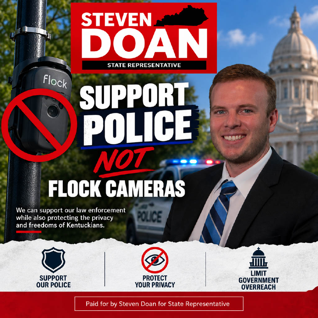 StevenDoan's tweet photo. Our constitutional rights are constantly violated by a massive surveillance state in this country and flock cameras are the fuel.

We can support public safety while defending our liberty. De-flock Kentucky! https://t.co/nuDFrvxAgl
