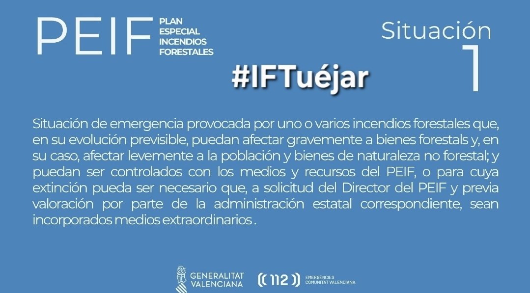 VOSTcvalenciana's tweet photo. ❗️Por la evolución favorable del #IFTuéjar el Centro de Coordinación de Emergencias #CCE de la @Generalitat informa que el incendio está ESTABILIZADO Fase 2. La Situación Operativa pasa a SitOp 1. https://t.co/YocK0ivtMH