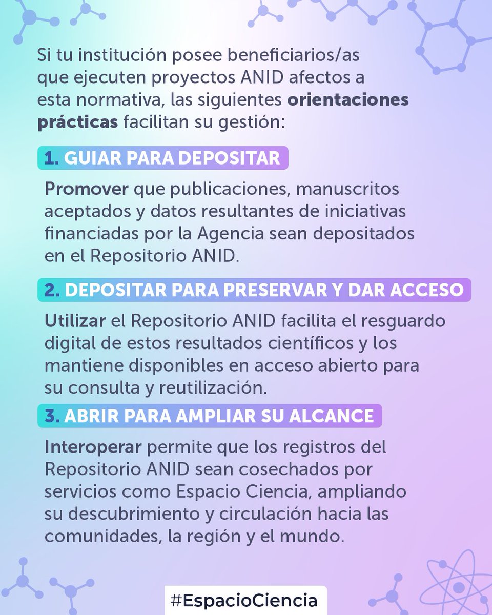 ANID_Abierta's tweet photo. ✅El acceso abierto también implica la colaboración y cooperación entre las instituciones.
Acompañar la gestión de los resultados científicos financiados por ANID contribuye a que el conocimiento generado permanezca disponible, visible y al alcance de la comunidad.

[HILO 1/2] ⬇️ https://t.co/suaj4Eiqzz