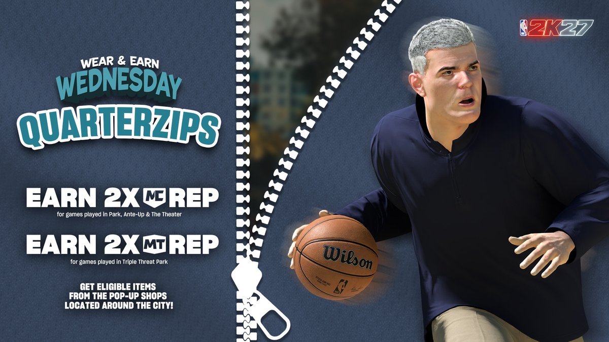 NBA2K's tweet photo. Quarter zips are back for Wear &amp; Earn Wednesday 😎

Rep yours for 2XREP in The City! https://t.co/ImLN1bGiCx