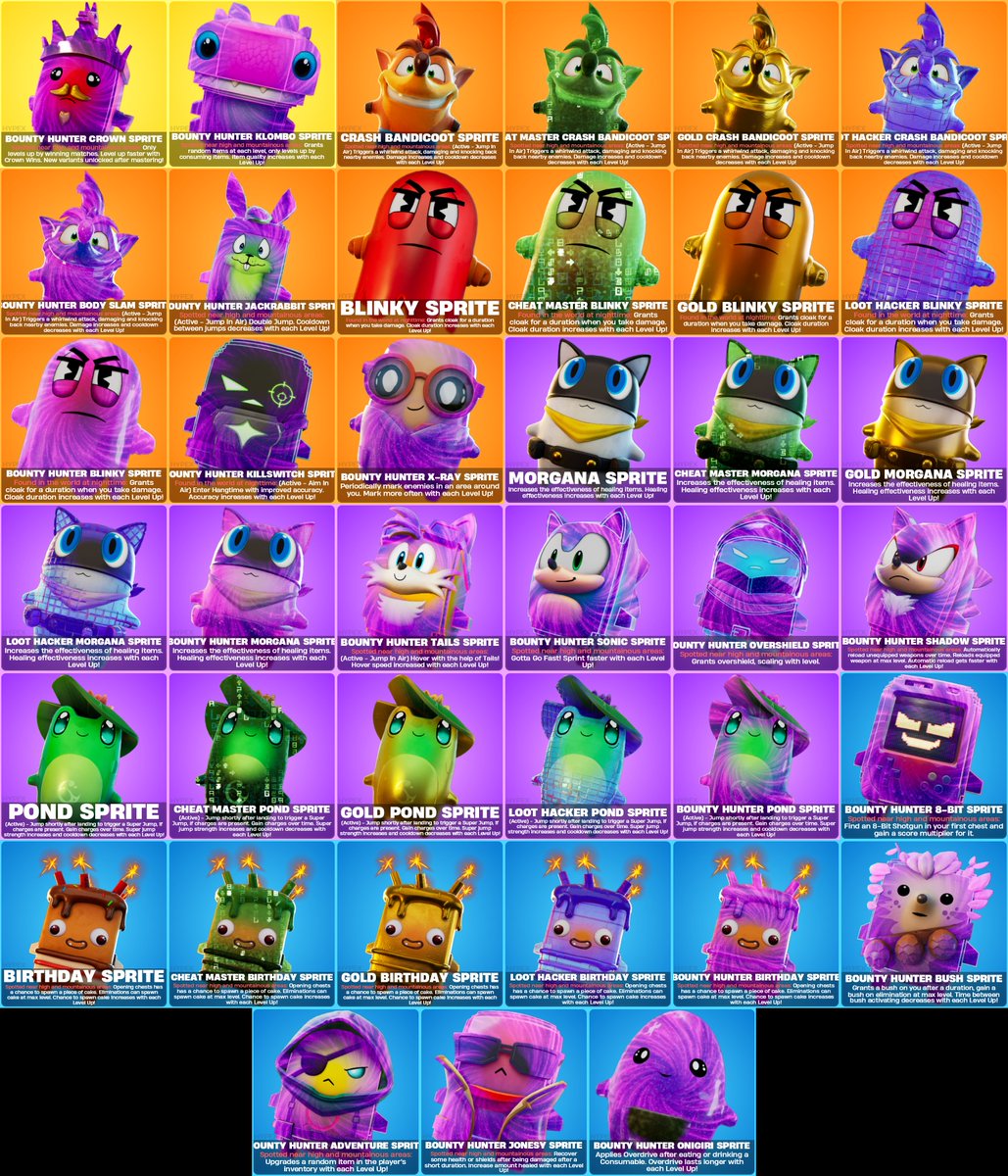 HYPEX's tweet photo. NEW FORTNITE SPRITES THIS UPDATE - Unknown if all of these will release right away tomorrow

BOUNTY HUNTER VARIANT:
• 7% to get a Bounty Hunter Sprite from elims
• Only gains Sprite XP from elims, but gains 2.5x https://t.co/wlDJiBD11c