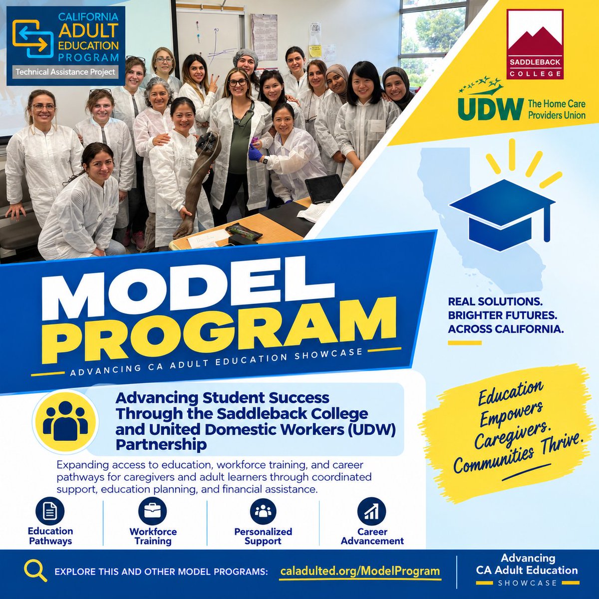 CAEPoffice's tweet photo. 🌟 Model Program Spotlight: Saddleback College &amp; UDW partner to help working adults and caregivers access education, workforce training, financial support &amp; healthcare career pathways. Explore this and other CA Adult Ed models: https://t.co/4Gz3QNtE85

#CAAdultEd https://t.co/P0uJlWBI2J