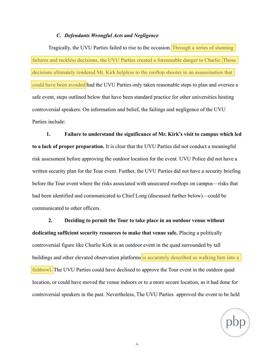 KanekoaTheGreat's tweet photo. 🚨 BREAKING: Charlie Kirk’s family is preparing to sue Utah Valley University and the State of Utah, alleging “stunning failures” left Charlie exposed to the rooftop shooter who killed him.

The most stunning allegation:

Before the event, TPUSA specifically warned UVU Police Chief Jeffrey Long about accessible rooftops near Charlie.

TPUSA asked for the roof access to be secured or for Charlie’s security team to be allowed up there.

Chief Long allegedly replied:

“I got you covered.”

Charlie was later shot from a nearby rooftop.

The family’s Notice of Claim also alleges:

• Only 6 UVU officers were assigned to roughly 3,000 attendees.

• Chief Long requested more officers, but former UVU President Astrid Tuminez allegedly denied the request.

• UVU had no written security plan and did not request help from nearby police before the shooting.

• Students were known to regularly access the rooftops.

• CCTV was not monitored live. Footage later showed Tyler Robinson moving across the Losee Building roof toward his firing position.

The filing says UVU could have secured the rooftops, moved the event indoors, added police, monitored cameras, or used drones.

Instead, the family alleges those failures created a foreseeable danger and “rendered Mr. Kirk helpless to the rooftop shooter.”

This is a Notice of Claim, the required step before a lawsuit against the state. No damages amount was listed.