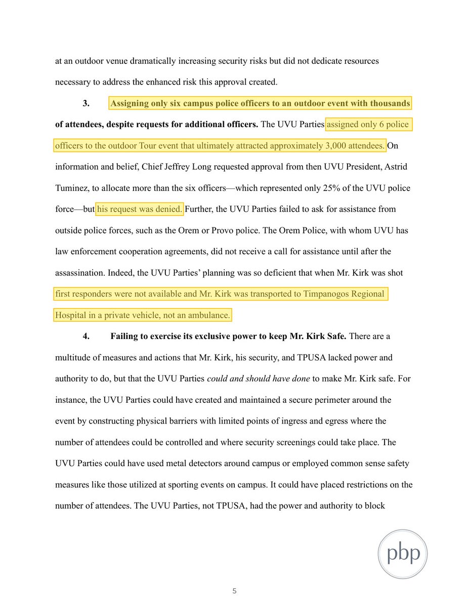 KanekoaTheGreat's tweet photo. 🚨 BREAKING: Charlie Kirk’s family is preparing to sue Utah Valley University and the State of Utah, alleging “stunning failures” left Charlie exposed to the rooftop shooter who killed him.

The most stunning allegation:

Before the event, TPUSA specifically warned UVU Police Chief Jeffrey Long about accessible rooftops near Charlie.

TPUSA asked for the roof access to be secured or for Charlie’s security team to be allowed up there.

Chief Long allegedly replied:

“I got you covered.”

Charlie was later shot from a nearby rooftop.

The family’s Notice of Claim also alleges:

• Only 6 UVU officers were assigned to roughly 3,000 attendees.

• Chief Long requested more officers, but former UVU President Astrid Tuminez allegedly denied the request.

• UVU had no written security plan and did not request help from nearby police before the shooting.

• Students were known to regularly access the rooftops.

• CCTV was not monitored live. Footage later showed Tyler Robinson moving across the Losee Building roof toward his firing position.

The filing says UVU could have secured the rooftops, moved the event indoors, added police, monitored cameras, or used drones.

Instead, the family alleges those failures created a foreseeable danger and “rendered Mr. Kirk helpless to the rooftop shooter.”

This is a Notice of Claim, the required step before a lawsuit against the state. No damages amount was listed.
