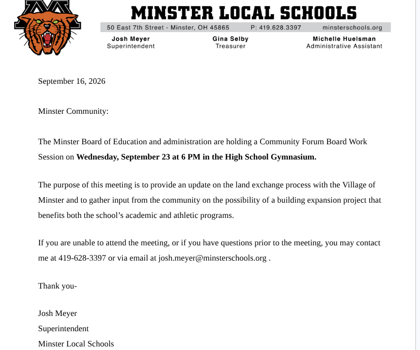 MinsterSchools's tweet photo. The Minster Board of Education will hold a Board Work Session/Community Meeting on Wednesday, September 23 at 6 PM in the HS Gym to discuss the possibility of a building project to benefit the school's academic and athletic programs. 

See graphic for more information. https://t.co/aYs95Exzd1