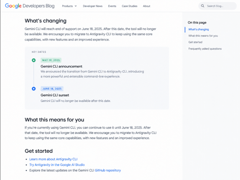 Google Developers timeline showing Gemini CLI announced on May 19 and sunset on June 18