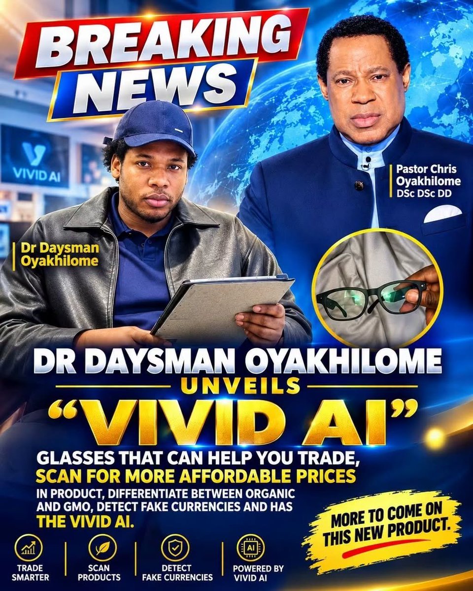 AFG_0007's tweet photo. 🚨🔥 BREAKING NEWS! 🔥🚨

Dr. Daysman Oyakhilome on WorldSpace! 🌍🚀

Are you ready for this? 😁🔥

Dr. Daysman Oyakhilome has unveiled “VIVID AI” — smart glasses designed with advanced AI capabilities, including:

👓 Help you trade
🛍️ Scan products for more affordable prices
🌱 Differentiate between organic and GMO products
💵 Detect fake currencies
🤖 Powered by VIVID AI

More is to come on this exciting new technology! 🔥🚀
