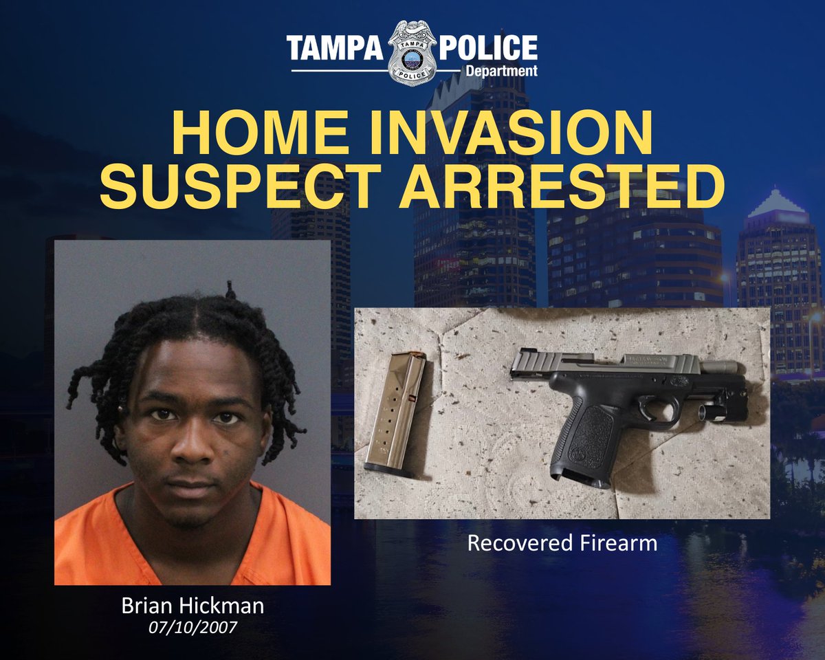 TampaPD's tweet photo. Off our streets and in custody!

On September 15, 2026, members of our Fugitive Apprehension Unit (FAU), U.S. Marshals Fugitive Task Force, Florida Department of Corrections, and HCSO-Gang Unit arrested 19-year-old Brian Hickman in connection with a Home Invasion Robbery that occurred in May 2026. 

In addition to charges for violating his probation in an unrelated investigation, Hickman now faces two felony charges, including Aggravated Battery with a Deadly Weapon and Robbery with a Firearm.