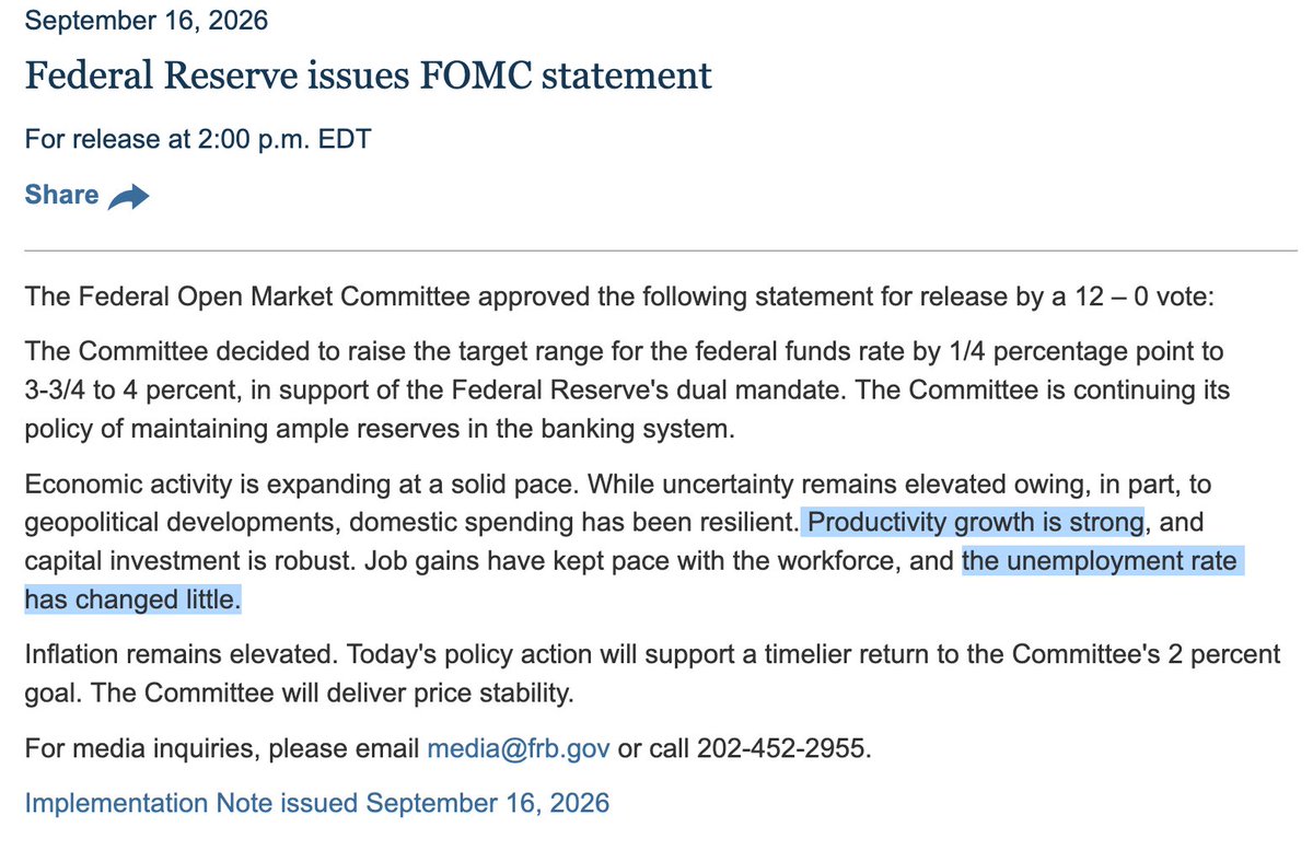 To the extent the statement is more a reflection of the Chairman — shorter, talks up productivity — is notable I think. It also says “timelier” return to inflation target something the dots don’t really show. A sign Warsh is more hawkish than the rest of the Board?