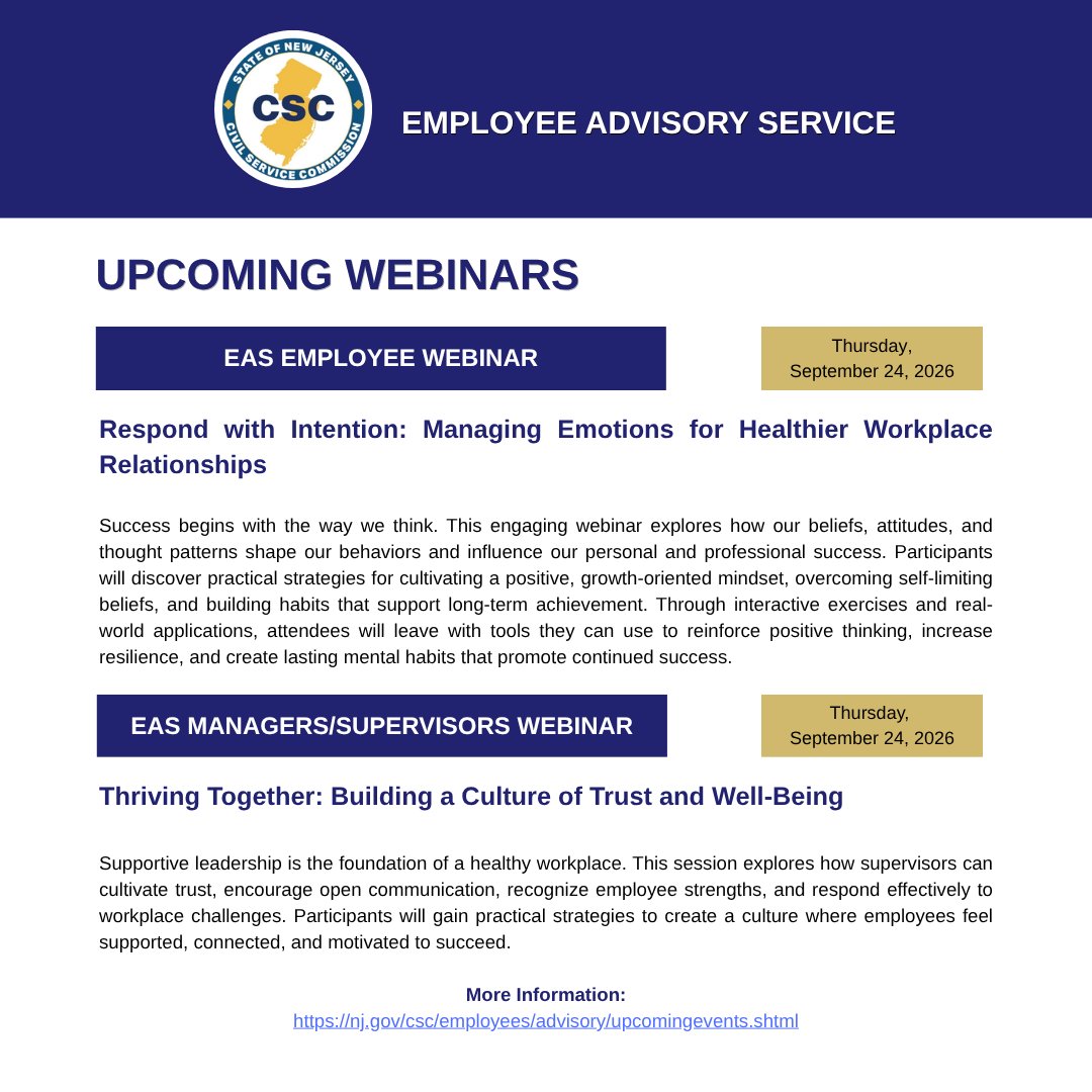 NJCivilService's tweet photo. The Employee Advisory Service (EAS)  EAS hosts webinars on various topics focusing on the well-being, effectiveness, and efficiency of NJ state employees.

🔗 More information: https://t.co/lGVETakRMw https://t.co/G63BrJaZyn