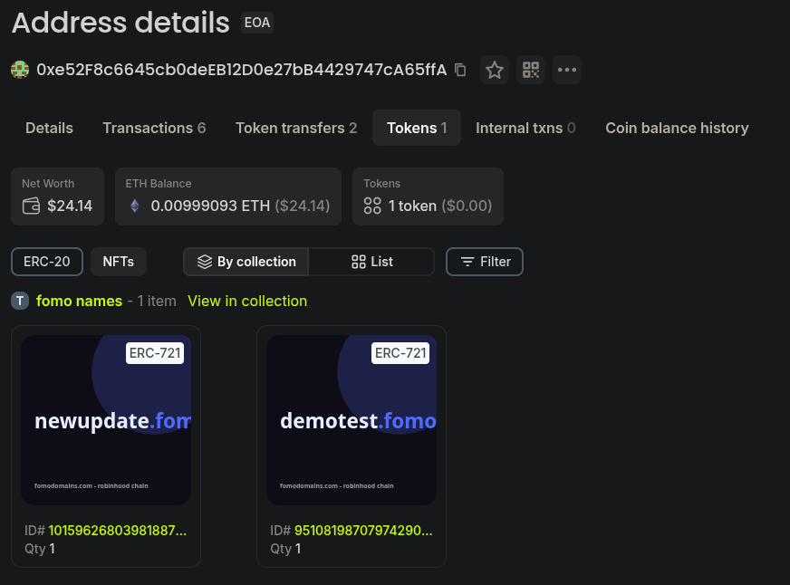 fomodomainsrh's tweet photo. We just shipped a major update: .fomo names are now fully visible on-chain on blockscout !
 
Every name is now an NFT on robinhood chain, sitting in your wallet, with the full history of who owned it and what it sold for. 
 
Registration, transfers and the marketplace all run through a single contract. buy a name and it moves to your wallet in the same transaction that pays the seller. no middleman, no database, nothing we can take away. 
 
Your existing names have already been migrated. open your wallet. 
 
The contract we wrote and every name minted so far: 
https://t.co/gR0NW1BmfO 
 
What it looks like in a wallet: 
https://t.co/GM8l3uD7ta