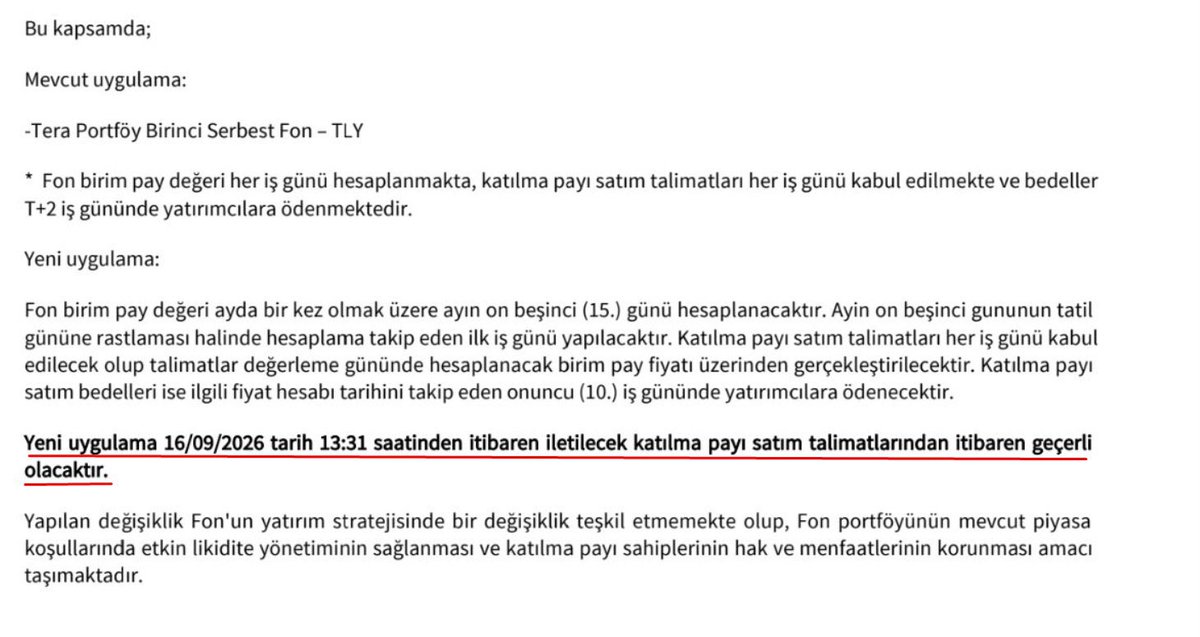 stocktraders77's tweet photo. 📌 #TLY FONU SATIŞ KURALI DEĞİŞİYOR

▪️ 13.31’DEN ÖNCE satış emri verenlerin emirleri mevcut kurallara göre geçerli olacak.

▪️ Bu yatırımcılar, bugünkü kapanış fiyatı üzerinden işlem görecek.

▪️ Satış bedeli T+2 süresinde hesaplara geçecek.

▪️ 13.31’DEN SONRA verilen satış emirlerinde ise yeni kural uygulanacak.

▪️ Yani 13.31, TLY fonunda satış işlemleri açısından kritik saat olacak.

⚠️ Dikkat: 13.31’den önce ve sonra verilen emirlerin uygulanma koşulları farklı olacak.