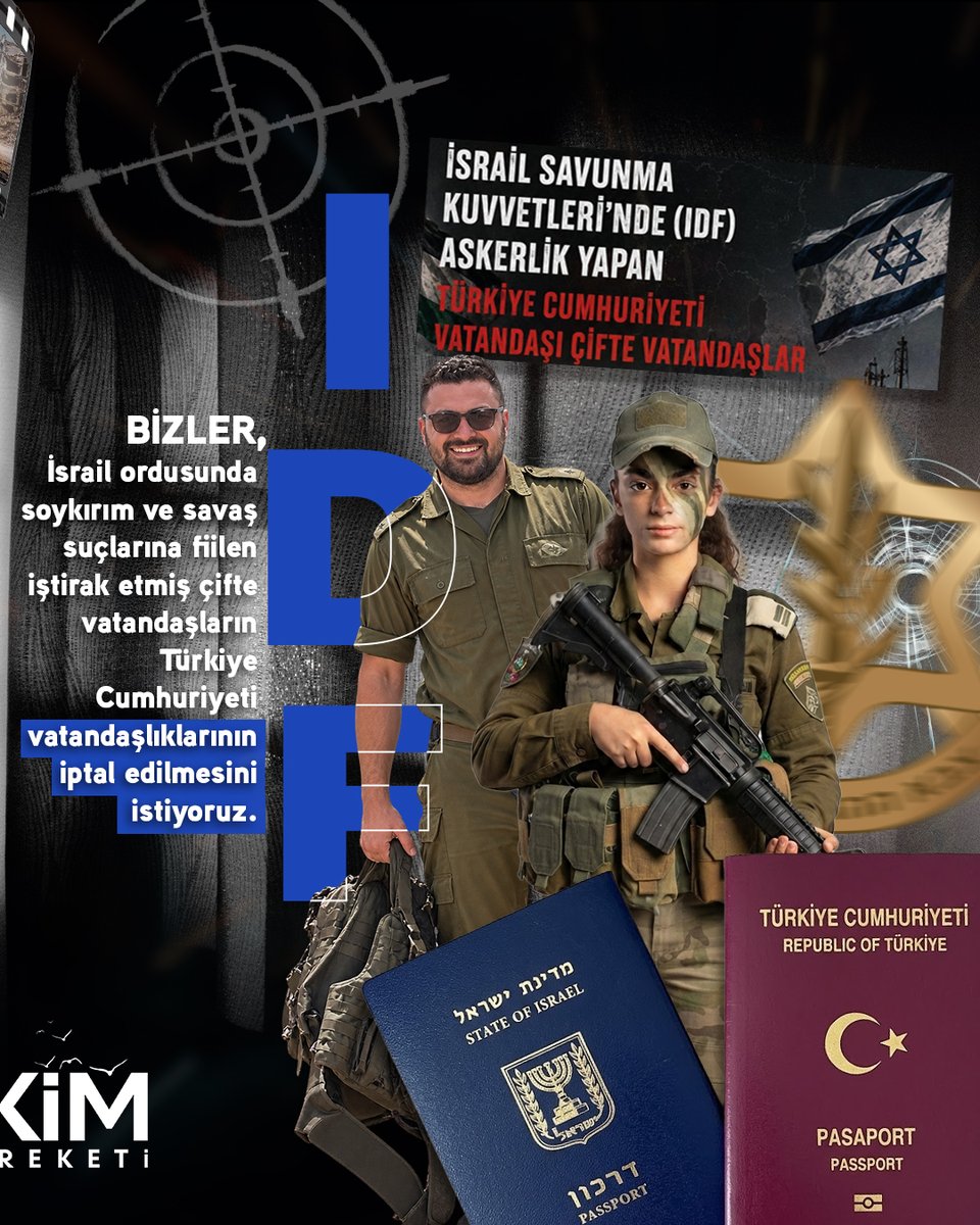 7ekimhareketi's tweet photo. Bir vatandaşlık tartışması olacaksa; soykırıma ortak olanlar vatandaşlıktan çıkarılmadır!

İsrail, Gazze'deki sivil katliamları belgeleyen NAZA (No Other Land) belgeselinin yönetmenlerini gerçeği haykırdıkları için vatandaşlıktan çıkarmakla tehdit ediyor.

Öte yandan, İsrail ordusuna (IDF) katılıp savaş suçlarına ve soykırıma fiilen iştirak eden Türkiye Cumhuriyeti pasaportuna sahip çifte vatandaşlar, hiçbir yaptırımla karşılaşmadan hayatlarına devam ediyor.

Gerçeğin sesini dünyaya duyuranlar değil; masum çocukların, kadınların ve sivillerin kanını dökenler cezalandırılmalıdır. Ellerine soykırım kanı bulaşmış bu katillerin, Türkiye Cumhuriyeti vatandaşlığı zırhının arkasına saklanmasına, bu ülkenin onurlu kimliğini taşımasına daha fazla müsaade edilemez.

İnsanlık suçuna iştirak eden çifte vatandaşların Türkiye Cumhuriyeti vatandaşlıkları derhal iptal edilmelidir!