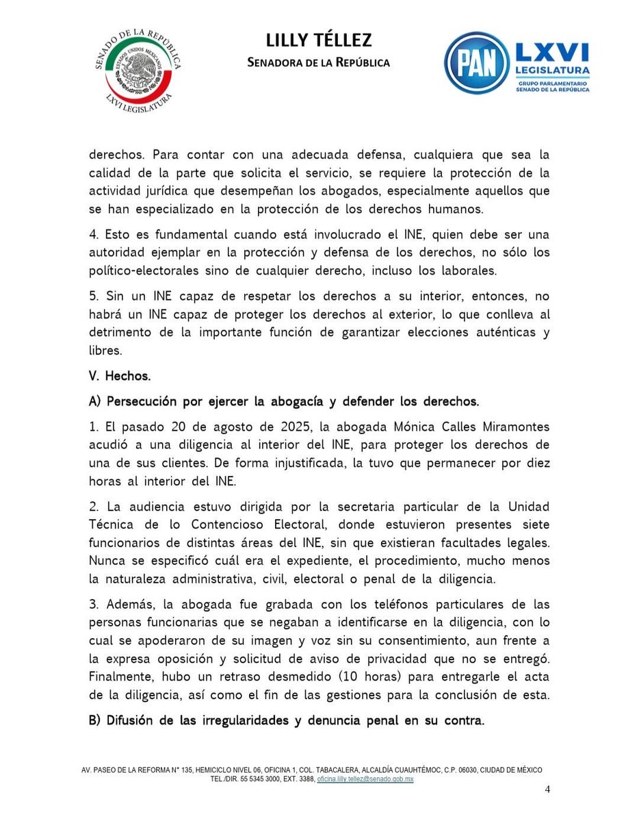 LillyTellez's tweet photo. Exijo que el Senado:
•Condene enérgicamente la actuación del @INEMexico contra la abogada y periodista @moni_calles.
•Exhorte con firmeza al INE y a la @FGRMexico a actuar con ética, objetividad e imparcialidad, y detener cualquier tipo de acoso, hostigamiento o persecución. https://t.co/AyXirErXdm