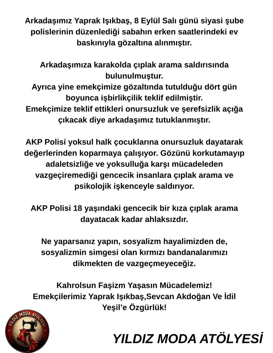 yldzmodatolyetr's tweet photo. Emekçimiz Yaprak IŞIKBAŞ İle İlgili Yaptığımız Açıklamayı Paylaşıyoruz: https://t.co/ubSBRngila