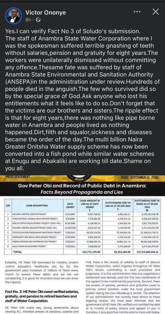 Onsogbu's tweet photo. This is directly from the Spokesperson of the defunct Water Corporation of Anambra state when Peter Obi was the governor https://t.co/wwtBPmezs2