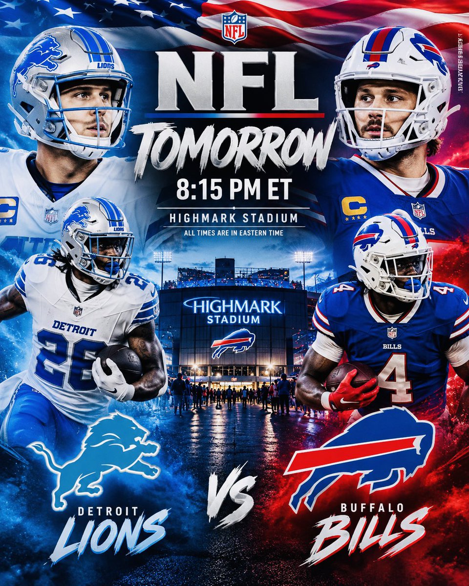 AtlanticSportz's tweet photo. Lions vs. Bills Under the Lights at Highmark 🏈🔥

Detroit and Buffalo collide tomorrow night in a massive primetime matchup. Who takes this one at Highmark Stadium? 👀
.
.

#DetroitLions #BuffaloBills #NFL #SundayNightFootball #NFLFootball https://t.co/UfCQ0OJuG1