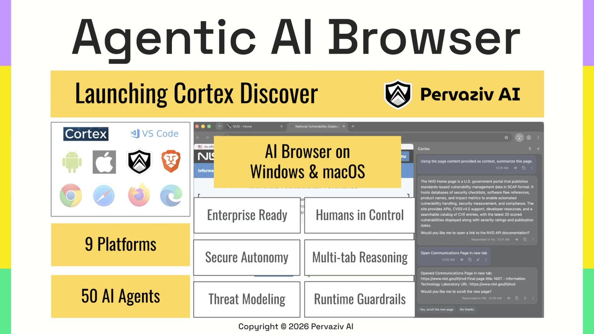 AnoopJaishankar's tweet photo. Cortex Discover is here. Enterprise browsing just became agentic.
Understand pages. Reason across tabs. Take governed action. Stay in control.

Powered by 50 specialized AI agents, 9 AI models on 9 platforms. Available now on Windows and macOS.