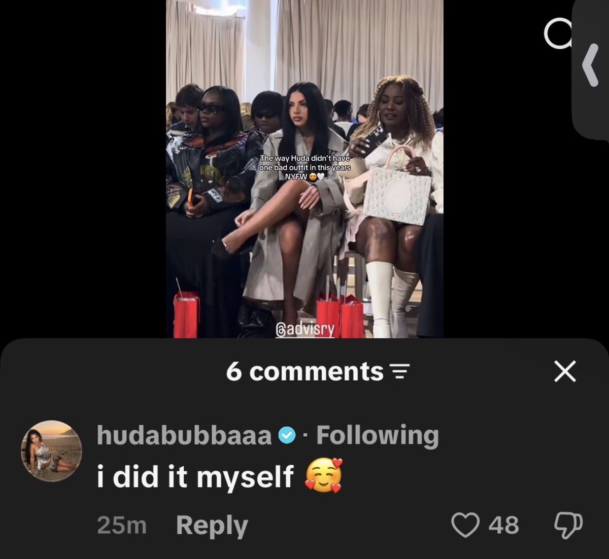 hudacloset's tweet photo. now that nyfw is officially over, let’s give huda her flowers. she styled herself all week 🙂‍↕️ https://t.co/8nbyu0tPEi