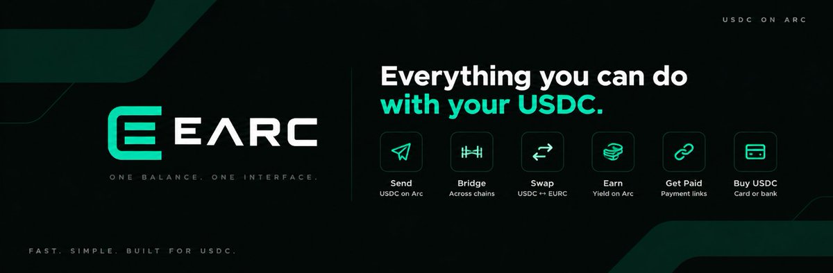 useEARC's tweet photo. On EARC, you can:

• Send USDC or EURC on Arc
• Move USDC between networks
• Swap USDC x EURC
• Create payment links
• Buy USDC with card or bank, where available
Fast confirmations.
Fees paid in USDC on Arc.
One place for your USDC flows.
→ https://t.co/UPaUKgOTQn https://t.co/uUULiarGEW