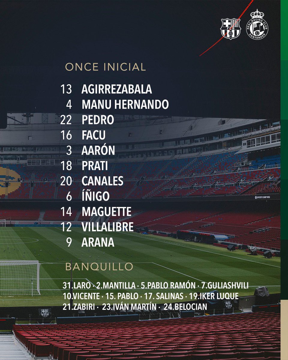 realracingclub's tweet photo. 🚨 ¡Ya conocemos a los 11 jugadores que partirán de inicio hoy en el Camp Nou! #BarçaRacing https://t.co/MEQvHMelyu