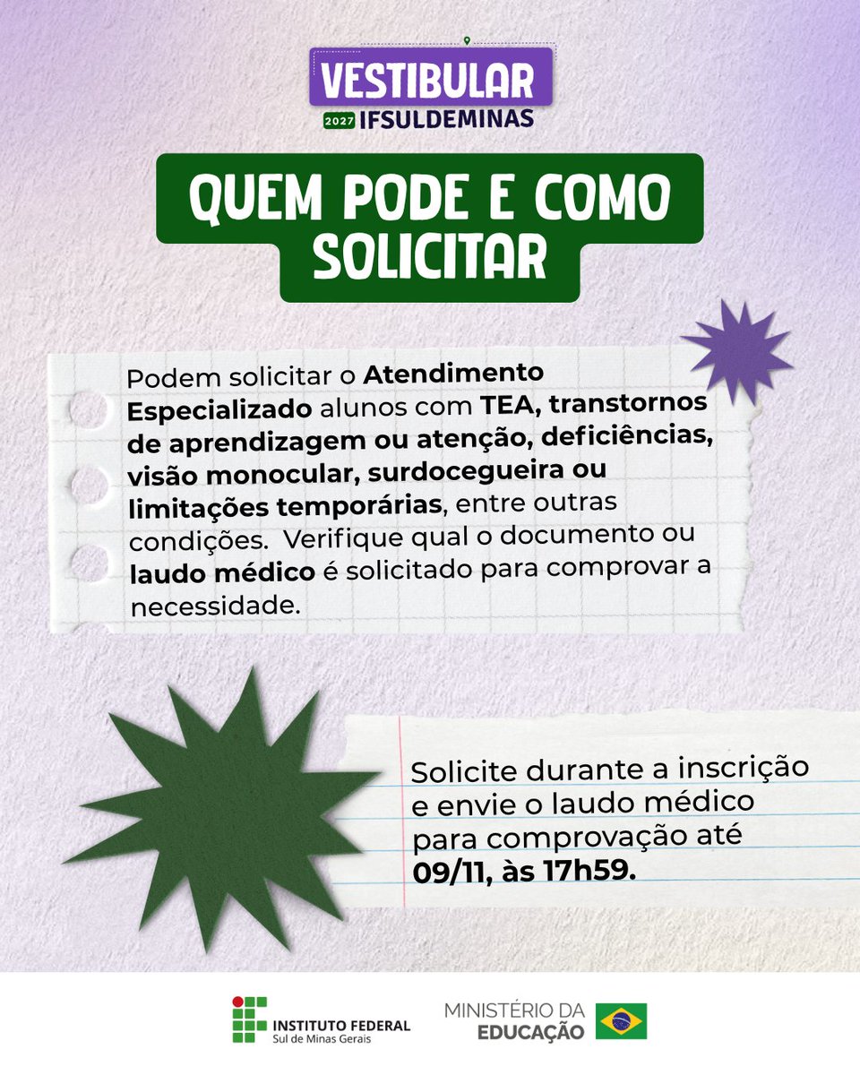 ifpocosoficial's tweet photo. 💜 Para a realização do Vestibular 2027, candidatos que necessitam de condições específicas podem solicitar atendimento especializado, garantindo mais acessibilidade durante a prova.

💻 Confira as orientações e os prazos nos editais.

🔗 https://t.co/L7zKQ4Iy6p https://t.co/M4FntB1jnF