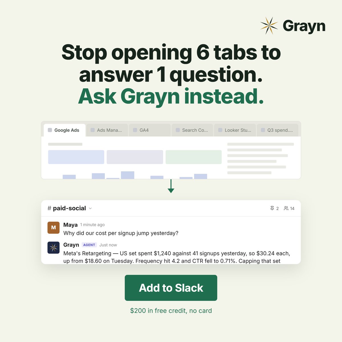 grayn_ai's tweet photo. Someone asks, “What changed yesterday?”

So you open Meta.
Then Google Ads.
Then GA4.
Then the spreadsheet.

There should be an easier way.
Connect Grayn to your marketing stack and ask the question directly from Slack.

Your data is everywhere. Your answer shouldn’t be. https://t.co/qdMl71oPFL