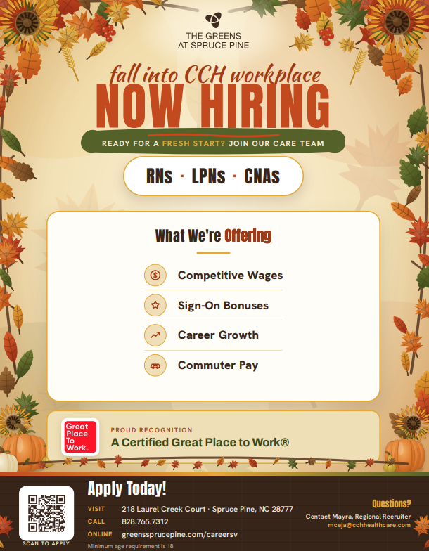 GreensSpruce's tweet photo. Ready for a fresh start this fall? The Greens at Spruce Pine is now hiring RNs, LPNs, and CNAs to join our care team! We’re offering competitive wages, sign-on bonuses, commuter pay, and opportunities for career growth to help you build a rewarding future in healthcare. 🍁💛 https://t.co/uDSNgx9aEH