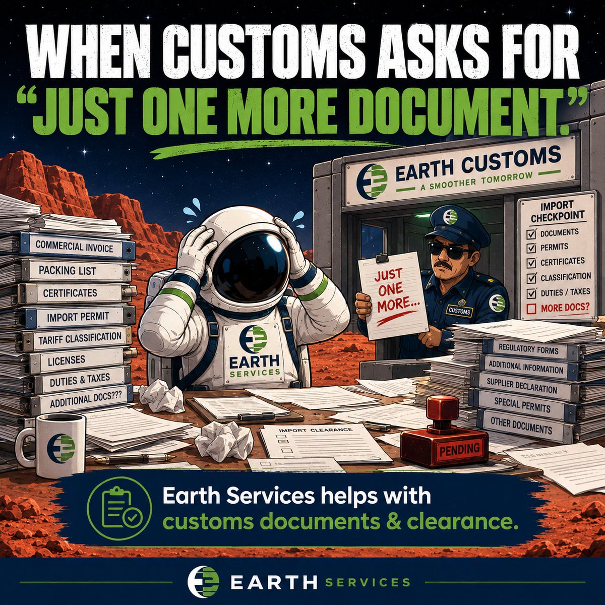 EarthCustoms's tweet photo. Customs: “We just need 1 more document.”

You: “You said that 3 documents ago.” 🚀📄

Import paperwork can pile up fast — commercial invoices, packing lists, permits, classifications, certificates, and more

We help importers stay ahead of the paperwork and keep clearance moving https://t.co/lmgzmshhlX
